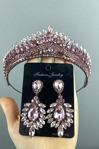 Hayalperest boncuk Σετ σκουλαρίκια νυφικής ροζ Anteras Henna Crown και Shuttles Stone