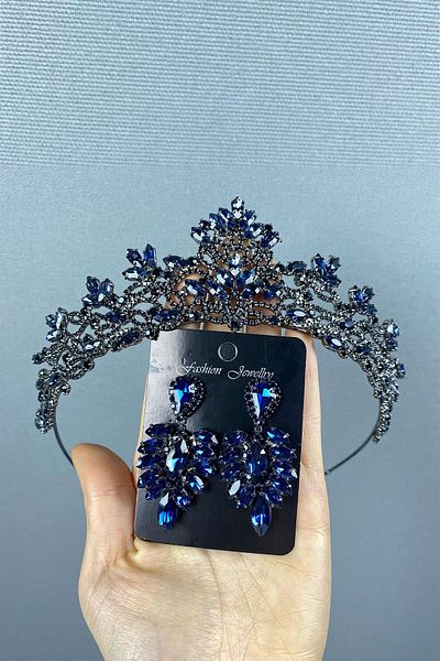 Hayalperest boncuk Navy Blue Melis Bridal Henna Crown and Shuttle Stone Earrings