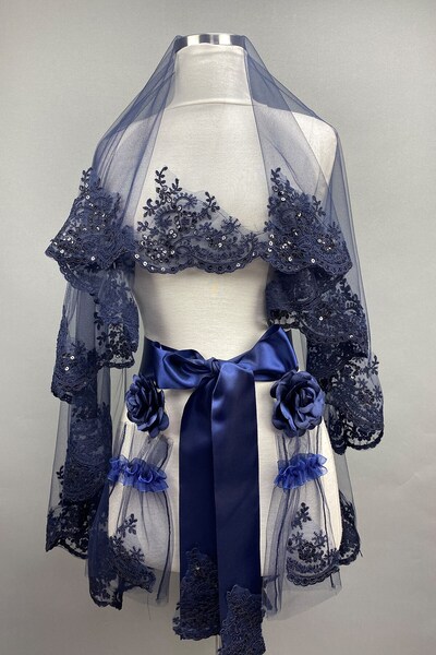 Hayalperest boncuk Lacivert Azur Pullu Gelin Duvağı Kına Yüz Örtüsü