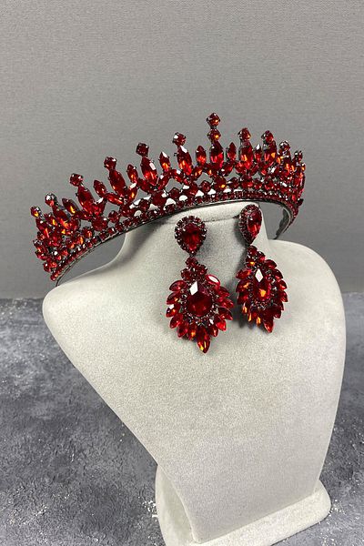 Hayalperest boncuk Set de cercei roșii Pedro Stone Bridal Henna Crown și rochie de seară