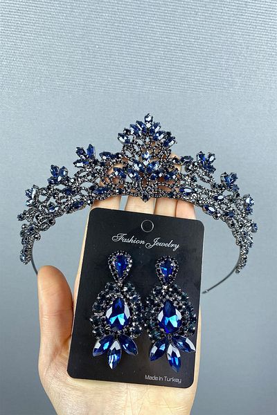 Hayalperest boncuk Bridal Henna Crown and Shuttle Stone Earring Set - Melis