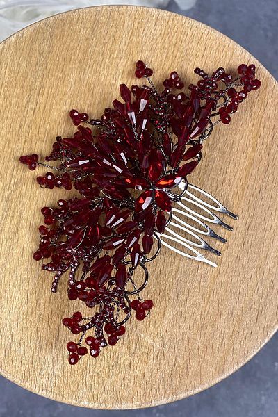 Hayalperest boncuk Accesoriu de păr brodat cu cristal bordeaux pentru mireasă - catarame cu pieptene lateral