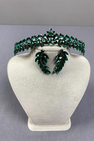Hayalperest boncuk Green Thin Elegant Vera Bridal Henna Crown And Leaf Earrings