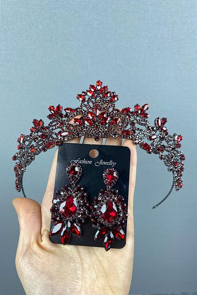 Hayalperest boncuk Set de cercei cu coroană și piatră de nuntă Melis Burgundy