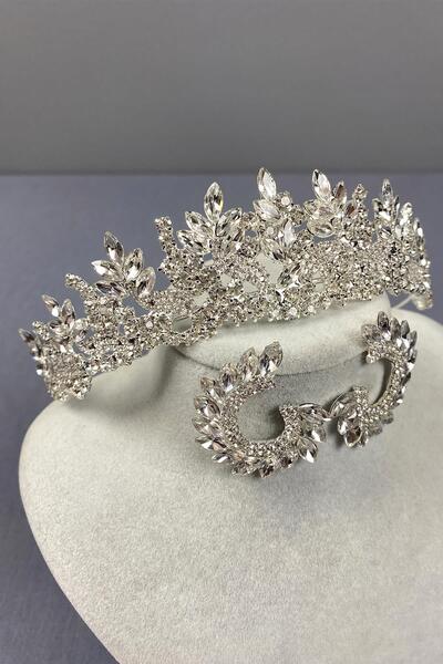 Hayalperest boncuk Silver Belur Bridal Crown and Round Earring Set