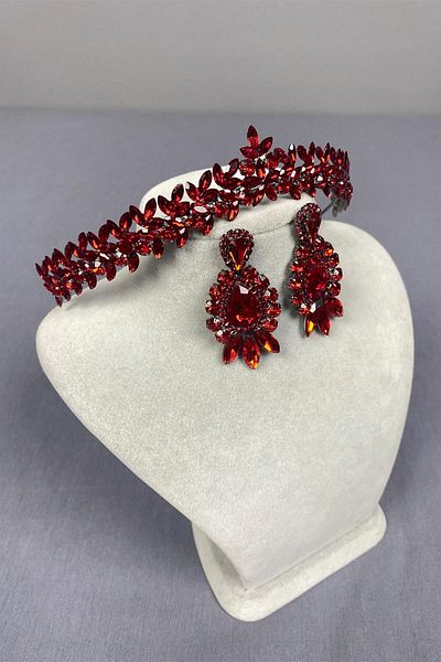 Hayalperest boncuk Red Thin Elegant Vera - Bridal, Crown and Drop Detailed Shuttle Earrings