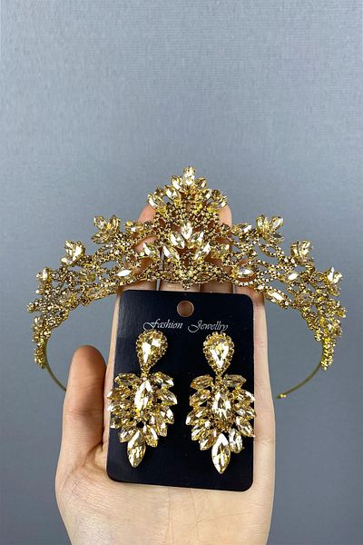 Hayalperest boncuk Σκουλαρίκια με χρώμα μέλι Melis Bridal Henna Crown και Shuttles Stone