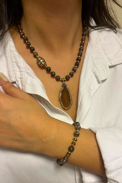 Suerte Accessories Handmade Agate Natural Stone Brown Agate with Natural Stone Tip Special Design Women's Necklace and Bracelet Combination