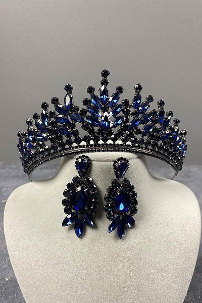 Hayalperest boncuk Coroană de mireasă cu henna Rio Stone albastru bleumarin și cercei cu model de navetă
