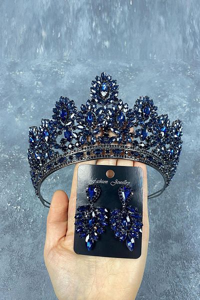 Hayalperest boncuk Set de cercei de seară cu coroană și navetă de henna de mireasă Godiva albastru bleumarin