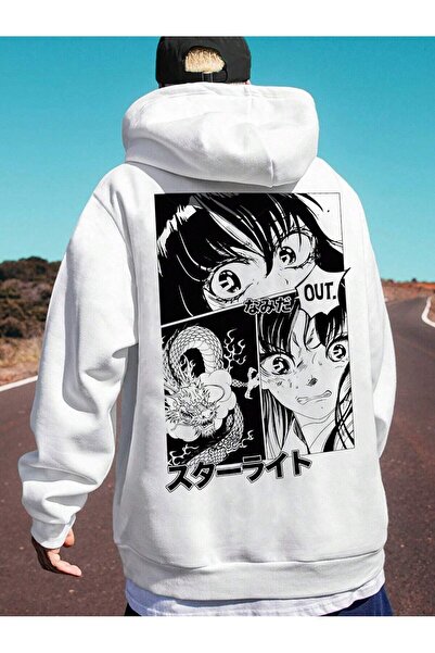 Adrift Unisex Γυναικεία/Ανδρικά Λευκά Anime Φούτερ με στάμπα με κουκούλα