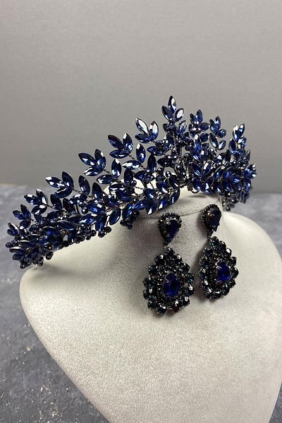 Hayalperest boncuk Navy Blue Asleny Bead Embroidered Bridal Henna Crown and Shuttle Stone Earring Set