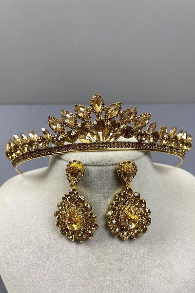 Hayalperest boncuk Σετ σκουλαρίκια με χρώμα μελιού Leyn Bridal Henna Crown και αμύγδαλο πέτρα