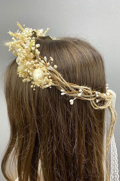 Hayalperest boncuk Coroană de mireasă cu design cu flori uscate și accesoriu de păr