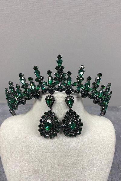 Hayalperest boncuk Green Cooker Bridal Henna Crown and Drop Stone Evening Dress Earrings