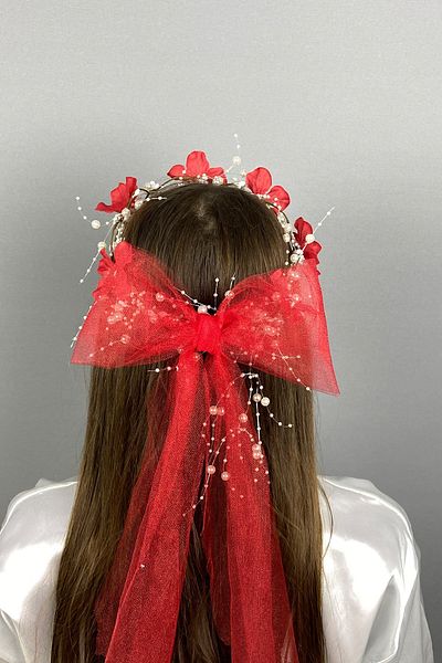 Hayalperest boncuk Coroană de mireasă personalizată cu flori de hortensie cu fundă roșie