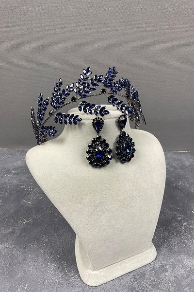 Hayalperest boncuk Navy Blue Dilana Leaf Branched Bridal Hair Accessory and Shuttle Earring Set