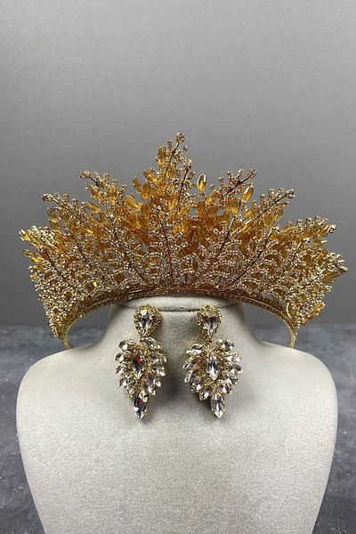 Hayalperest boncuk Transparent Honey Color Nairobi Bead Embroidered Bridal Henna Crown And Stone Earrings Set