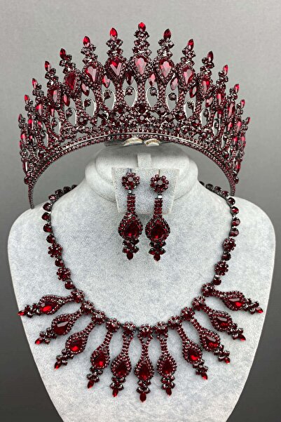 Hayalperest boncuk Bordo Henna Gelin Kına Tacı Kolye Küpe Seti