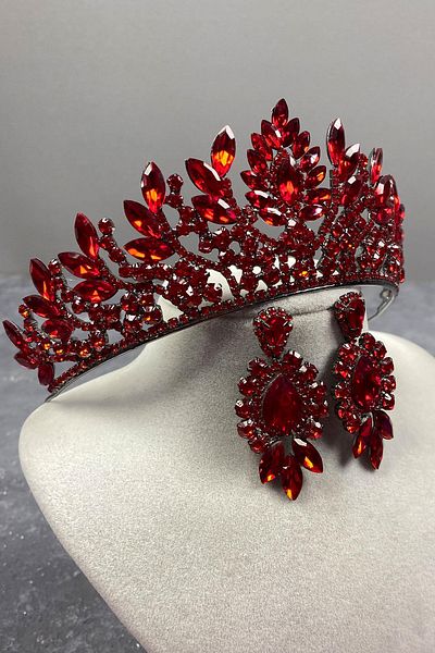 Hayalperest boncuk Red Danver Stoned Bridal Henna Crown and Evening Dress Earring Set