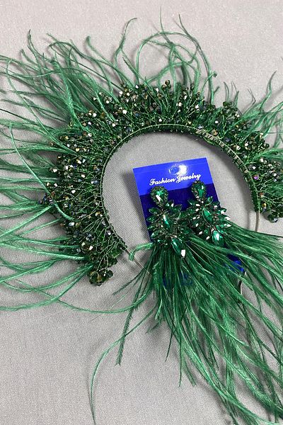 Hayalperest boncuk Green Sirius - Set de cercei și henna cu pene de mireasă cu mărgele de cristal