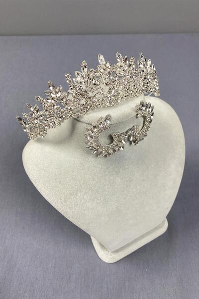 Hayalperest boncuk Silver Belur Bridal Crown and Round Earring Set