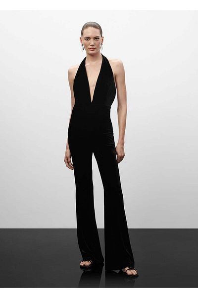 MANGO Woman Halter collar velvet jumpsuit