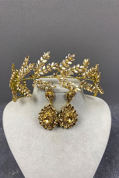 Hayalperest boncuk Accesoriu de păr de mireasă Dilana Leaf Branch și cercei cu piatră