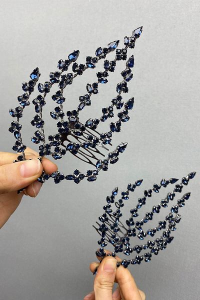 Hayalperest boncuk Accesoriu de păr cu model de frunze dublu albastru bleumarin Coroana Henna