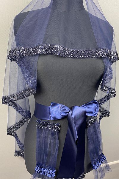 Hayalperest boncuk Navy Blue Water Model Embroidered Bridal Henna Veil Face Cover