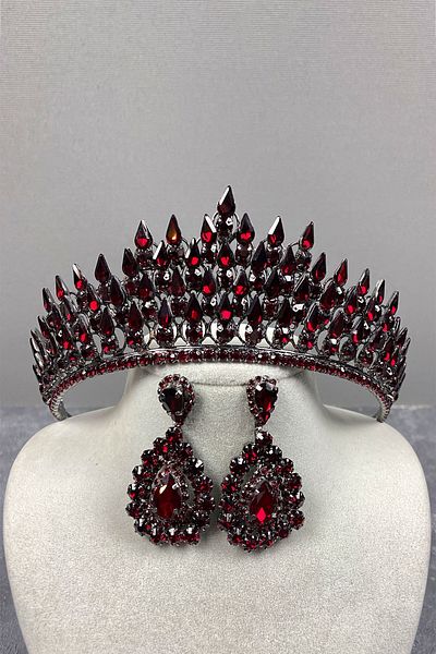 Hayalperest boncuk Set de coroană și cercei cu picătură de mireasă tridimensională Burgundy Drop