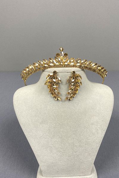 Hayalperest boncuk Σκουλαρίκια με χρώμα μέλι Ece Bridal Henna Crown και Leaf Stone
