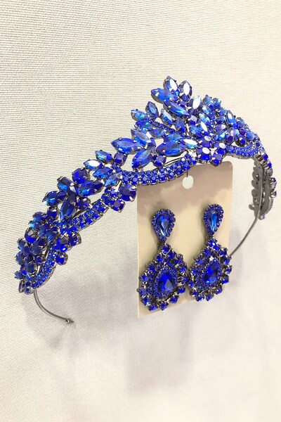 Hayalperest boncuk Mavi Kristal Taşlı Metal Kasalı Kına , Gelin Tacı Ve Küpe Takımı