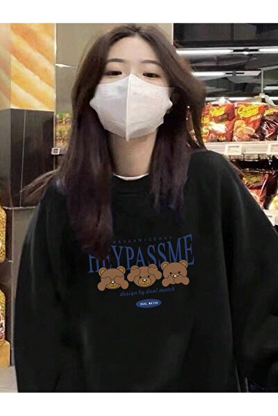 donamod Coke series Letter & Bear Pattern Drop Shoulder Pullover