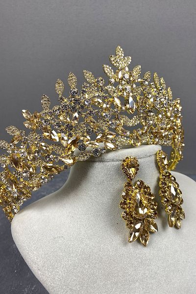 Hayalperest boncuk Honey Color Oscar Bridal Henna Crown and Evening Dress Earring Set