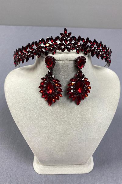 Hayalperest boncuk Coroană de henna Vera de mireasă burgundă și cercei subțiri și eleganti cu dropship