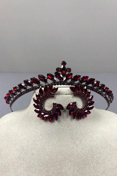 Hayalperest boncuk Set de coroană și cercei cu piatră rotundă pentru mireasă Ece Burgundy