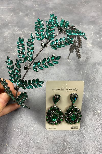Hayalperest boncuk Set de accesorii pentru păr de mireasă cu ramuri de frunze de Dilana verde și cercei