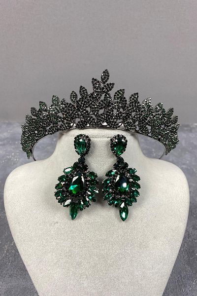 Hayalperest boncuk Green Sara Stretchy Jewelled Bridal Henna Crown and Earring Set