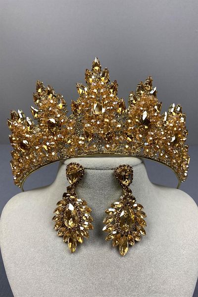 Hayalperest boncuk Set de cercei de mireasă cu coroană și piatră cu picătură cu mărgele de lotus de culoare miere