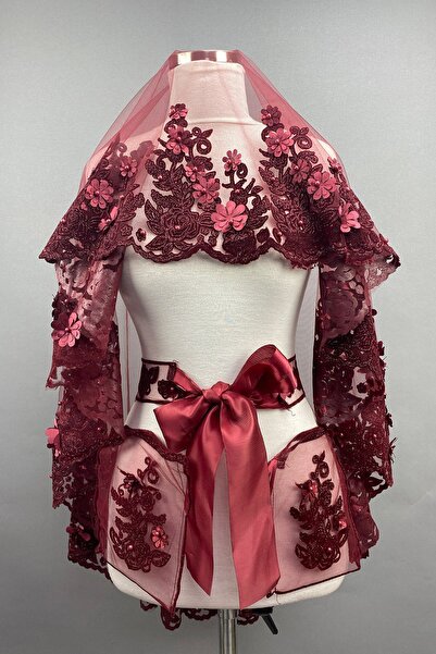 Hayalperest boncuk Κάλυμμα προσώπου με τρισδιάστατο λουλουδάτο χέννα φουλάρι ...