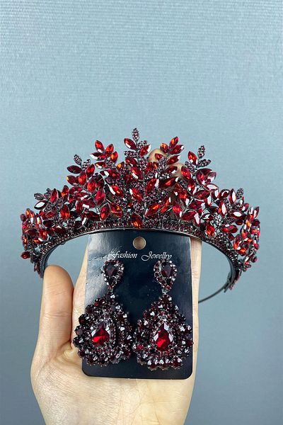 Hayalperest boncuk Set de cercei cu coroană și piatră de henna pentru mireasă Ezel 3D Burgundy