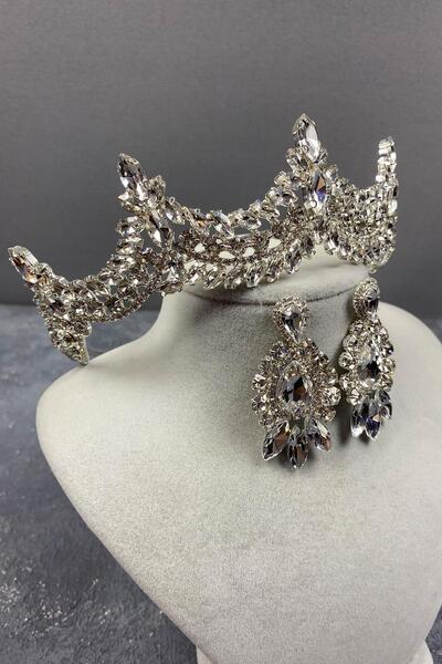 Hayalperest boncuk Silver Venice Jewelled Bridal Crown and Shuttle Earring Set