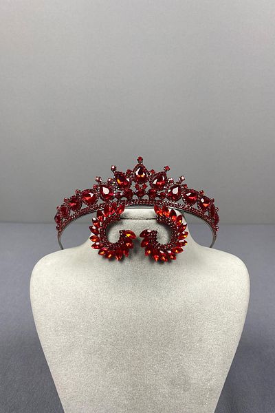 Hayalperest boncuk Red Ade Bridal Henna Crown and Round Jewelled Earring Set
