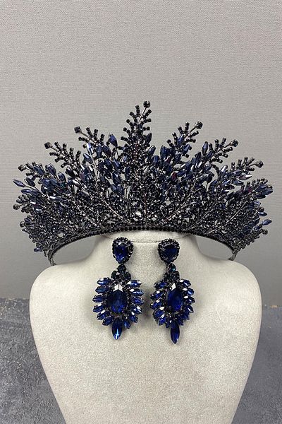 Hayalperest boncuk Navy Blue Nairobi Bead Embroidered Bridal Henna Crown and Earring Set