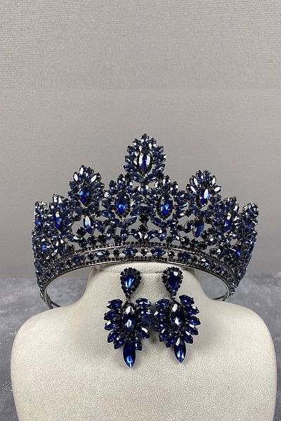 Hayalperest boncuk Set de cercei de seară cu coroană și navetă de henna de mireasă Godiva albastru bleumarin