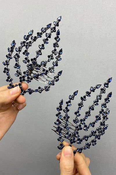 Hayalperest boncuk Accesoriu de păr cu model de frunze dublu albastru bleumarin Coroana Henna