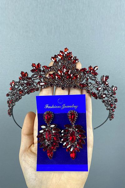 Hayalperest boncuk Melis Bridal Henna Crown și Cercei cu piatră cu navetă