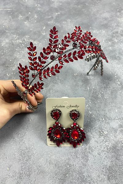 Hayalperest boncuk Accesoriu de păr de mireasă cu ramuri de frunze de Dilana burgundy și cercei cu pietre
