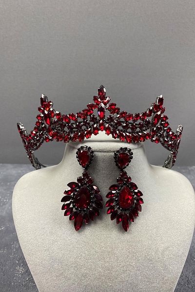Hayalperest boncuk Set de coroană și cercei cu henna de mireasă din piatră de venețiană burgundă